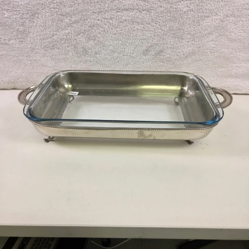 Georgian Rectangular Silver Plated Chafing Dish Frame with Glass Pyrex Insert